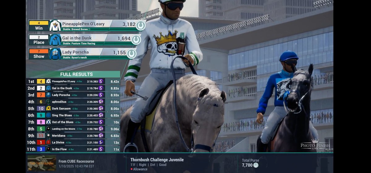 PineapplePen O'Leary takes the gold!

Come join us! Get Horse Pilled and banter over <a href="/photofinishgame/">Photo Finish™ LIVE 🐎 Virtual Horse Racing</a> 🐎 

💀☕️