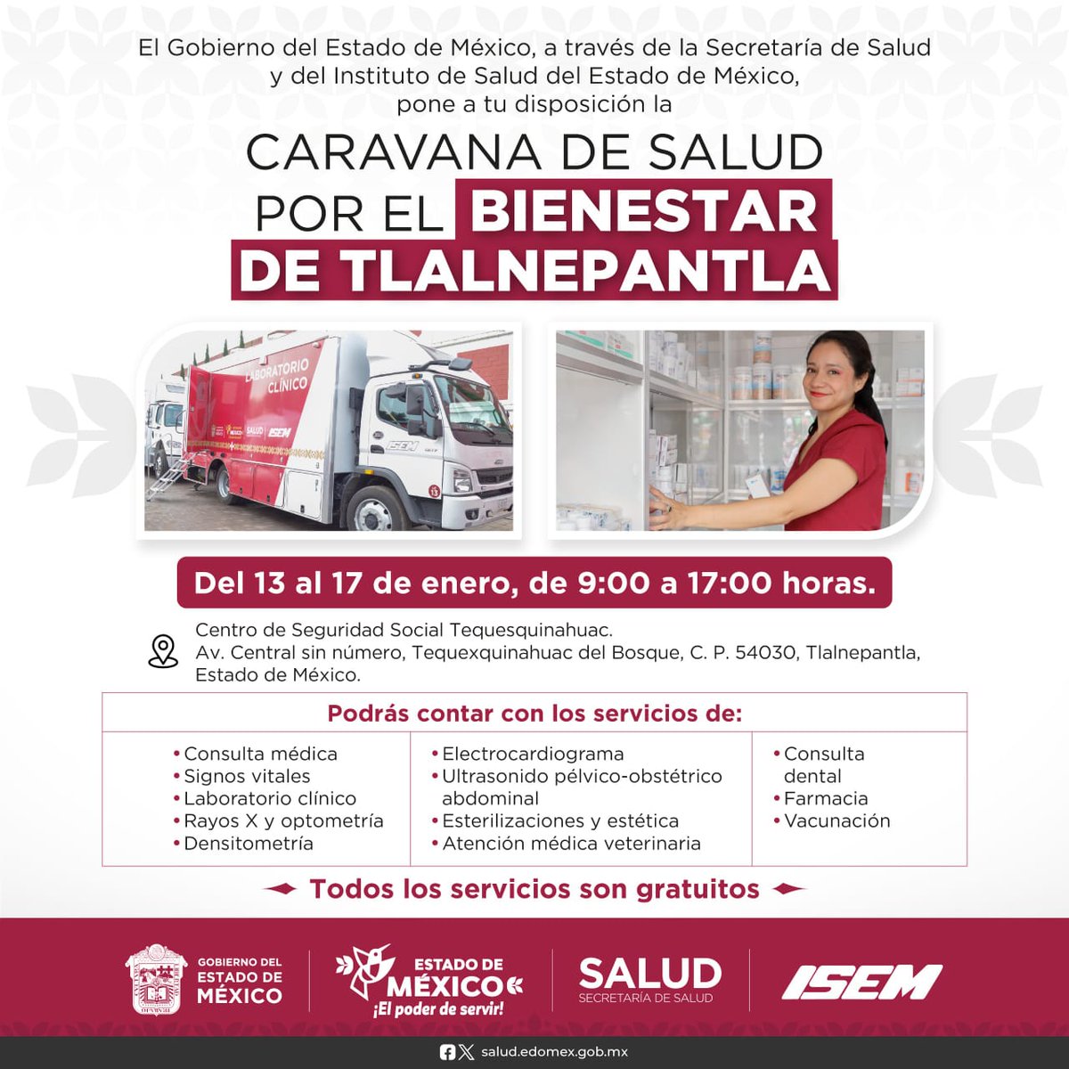 ¡La Caravana de Salud por el Bienestar llega a Tlalnepantla! 🩺 Del 13 al 17 de enero, de 9:00 a 17:00 hrs, acude al Centro de Seguridad Social Tequesquinahuac y aprovecha servicios médicos gratuitos como consultas, laboratorio, rayos X, dentista, farmacia, ¡y más!