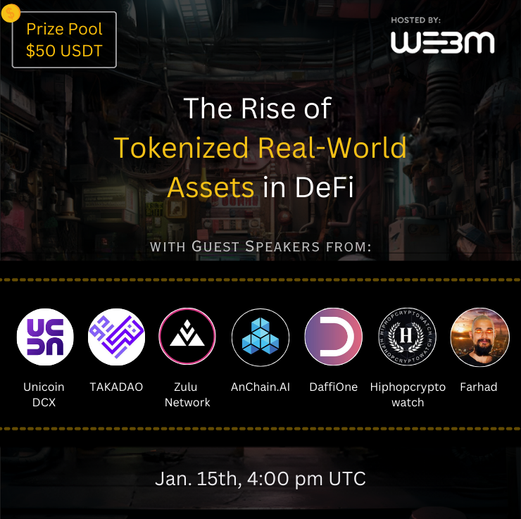Web3M (@_web3m_) on Twitter photo 🚨 Space + 50 $USDT Giveaway 🚨
🚀 The Rise of Tokenized Real-World Assets in DeFi
🗓️ Jan 15th, 4:00 PM UTC
🥂 Speakers:
<a href="/zulu_network/">Zulu Network</a>
<a href="/HHCW_Community/">Hiphopcryptowatch</a>
<a href="/DaffiOne/">DaffiOne</a>
<a href="/UnicoinExchange/">Unicoin DCX</a>
<a href="/takadao_io/">TAKADAO</a>
<a href="/AnChainAI/">AnChain.AI</a>
<a href="/fatkhuloff/">Farhad</a>
❓ How to win?
🪙 $50 $USDT split for 2 winners
✅ Like, RT & 🚨 Space + 50 $USDT Giveaway 🚨
🚀 The Rise of Tokenized Real-World Assets in DeFi
🗓️ Jan 15th, 4:00 PM UTC
🥂 Speakers:
<a href="/zulu_network/">Zulu Network</a>
<a href="/HHCW_Community/">Hiphopcryptowatch</a>
<a href="/DaffiOne/">DaffiOne</a>
<a href="/UnicoinExchange/">Unicoin DCX</a>
<a href="/takadao_io/">TAKADAO</a>
<a href="/AnChainAI/">AnChain.AI</a>
<a href="/fatkhuloff/">Farhad</a>
❓ How to win?
🪙 $50 $USDT split for 2 winners
✅ Like, RT &