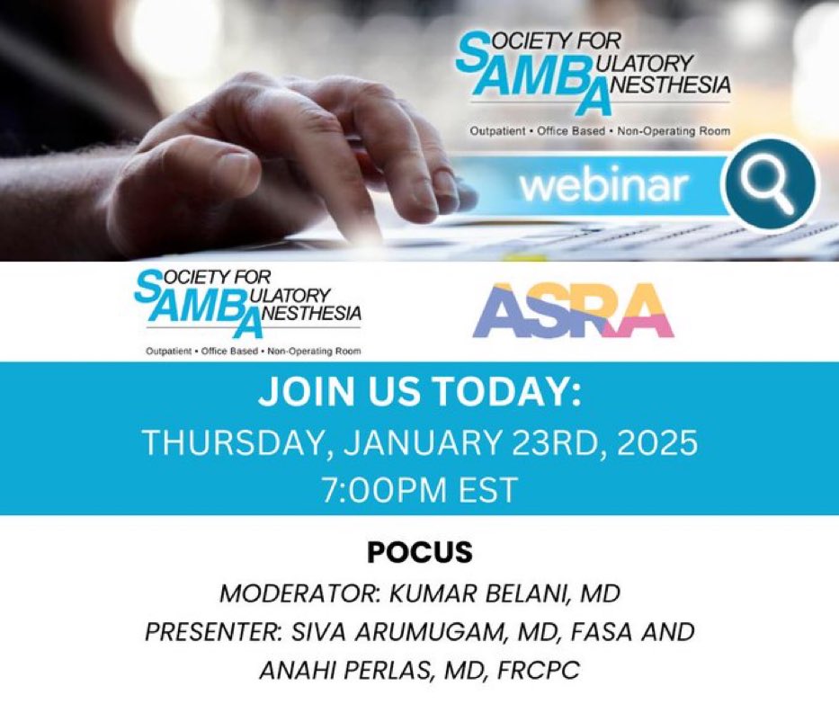 Siva Arumugam, MD, FASA (@siva6faces) on Twitter photo Joint webinar by <a href="/sambahq/">Society for Ambulatory Anesthesia (SAMBA)</a> &
<a href="/ASRA_Society/">ASRA Pain Medicine</a>
✅ Role of perioperative #POCUS in ambulatory practice
✅ GLP1 agonists & Gastric pocus
<a href="/ASALifeline/">ASA®</a> Joint webinar by <a href="/sambahq/">Society for Ambulatory Anesthesia (SAMBA)</a> &
<a href="/ASRA_Society/">ASRA Pain Medicine</a>
✅ Role of perioperative #POCUS in ambulatory practice
✅ GLP1 agonists & Gastric pocus
<a href="/ASALifeline/">ASA®</a>