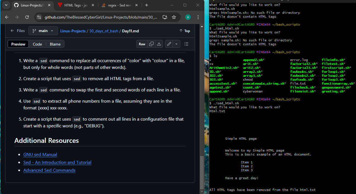 Ade_leyee's tweet image. Day 89-90
#100DaysOfCyberSecurity
@jay_hunts @segoslavia @akintunero @OnijeC
Yesterday, I worked on a cybersecurity-related paper.

Today, I started the Day 11 tasks of #30DaysOfBashScripting, learning about using sed for text processing. Below are some of my scripts: