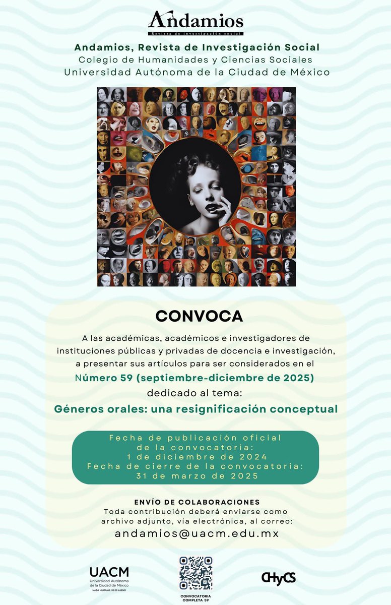 Convocatoria de “Andamios, Revista de Investigación Social” de la #UACM 

TEMA: Géneros orales: una resignificación conceptual

👇🏻

uacm.edu.mx/Portals/5/adam…
