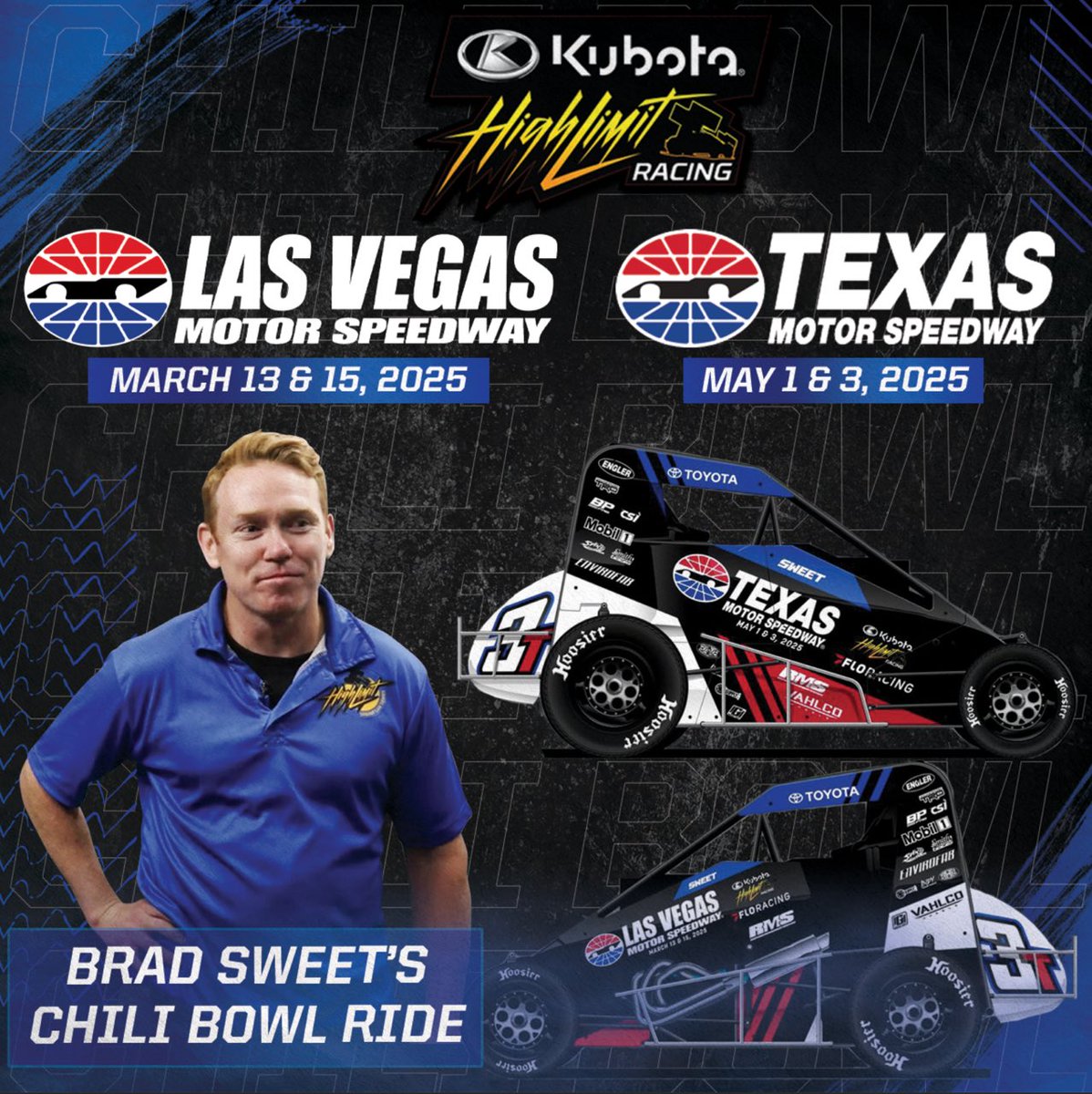 BradSweetRacing (@bradsweetracing) on Twitter photo Canโt thank <a href="/TXMotorSpeedway/">Texas Motor Speedway</a> and <a href="/LVMotorSpeedway/">Las Vegas Motor Speedway</a> for their support this week at the Chili Bowl.
Looking forward to both events with <a href="/HighLimitRacing/">High Limit Racing</a>. Excited to get back in a midget with <a href="/RMSRacing_/">RMS Racing</a>
Tune into <a href="/FloRacing/">FloRacing</a> to catch all the action, you donโt want to miss it! Canโt thank <a href="/TXMotorSpeedway/">Texas Motor Speedway</a> and <a href="/LVMotorSpeedway/">Las Vegas Motor Speedway</a> for their support this week at the Chili Bowl.
Looking forward to both events with <a href="/HighLimitRacing/">High Limit Racing</a>. Excited to get back in a midget with <a href="/RMSRacing_/">RMS Racing</a>
Tune into <a href="/FloRacing/">FloRacing</a> to catch all the action, you donโt want to miss it!