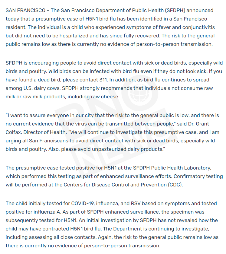 BNOFeed's tweet photo. NEW: Child in San Francisco tests positive for H5N1 bird flu. It's unknown how they were infected https://t.co/OopUFCCkFx