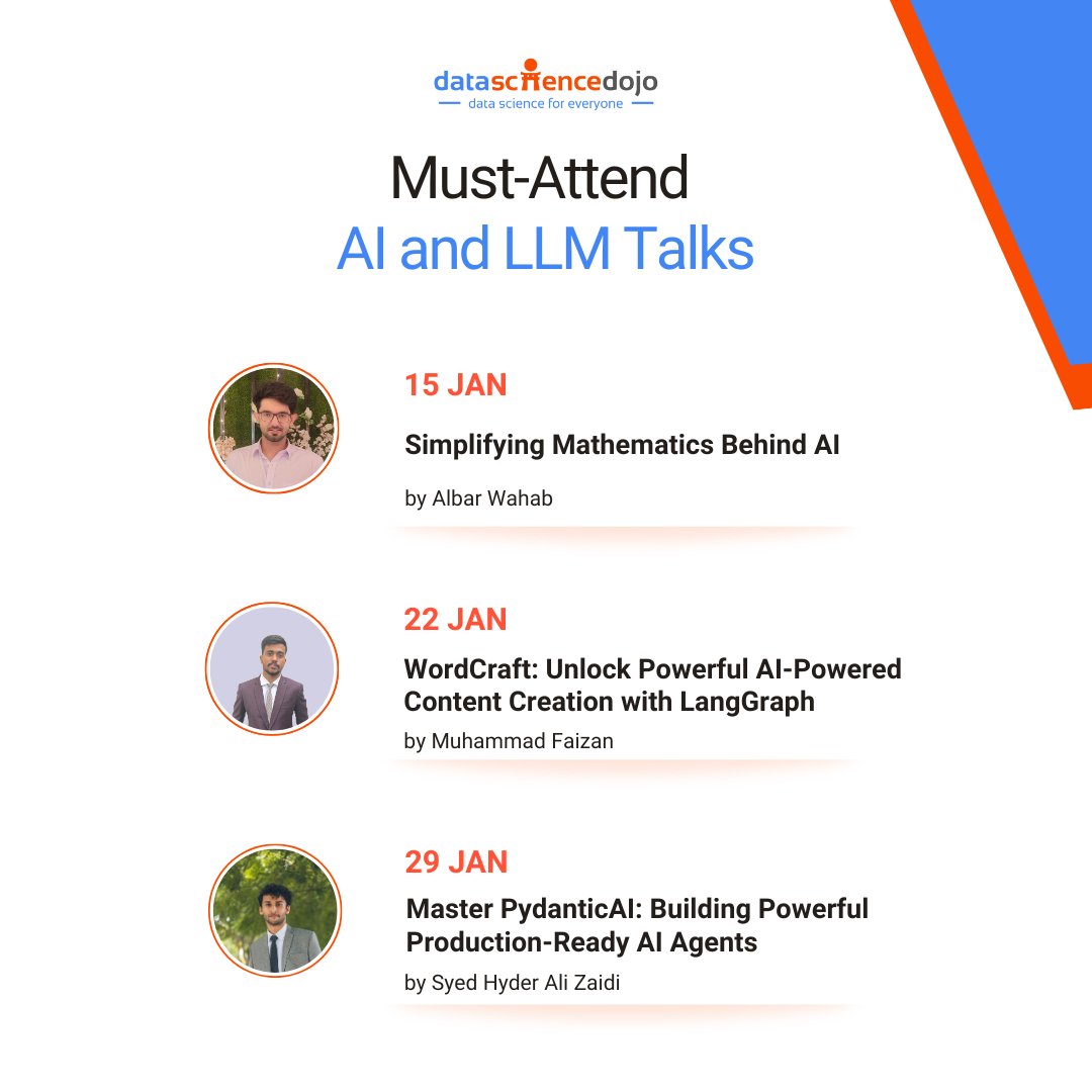 DataScienceDojo's tweet image. Must-Attend January Live Tutorials 🚀
Explore simplifying math behind, transforming content with WordCraft and LangGraph, and building AI agents with PyDanticAI.
RSVP now: hubs.la/Q0324x2N0
#AITutorials #WordCraft #LangGraph #PydanticAI #AIAgents #DataScience #MathForAI