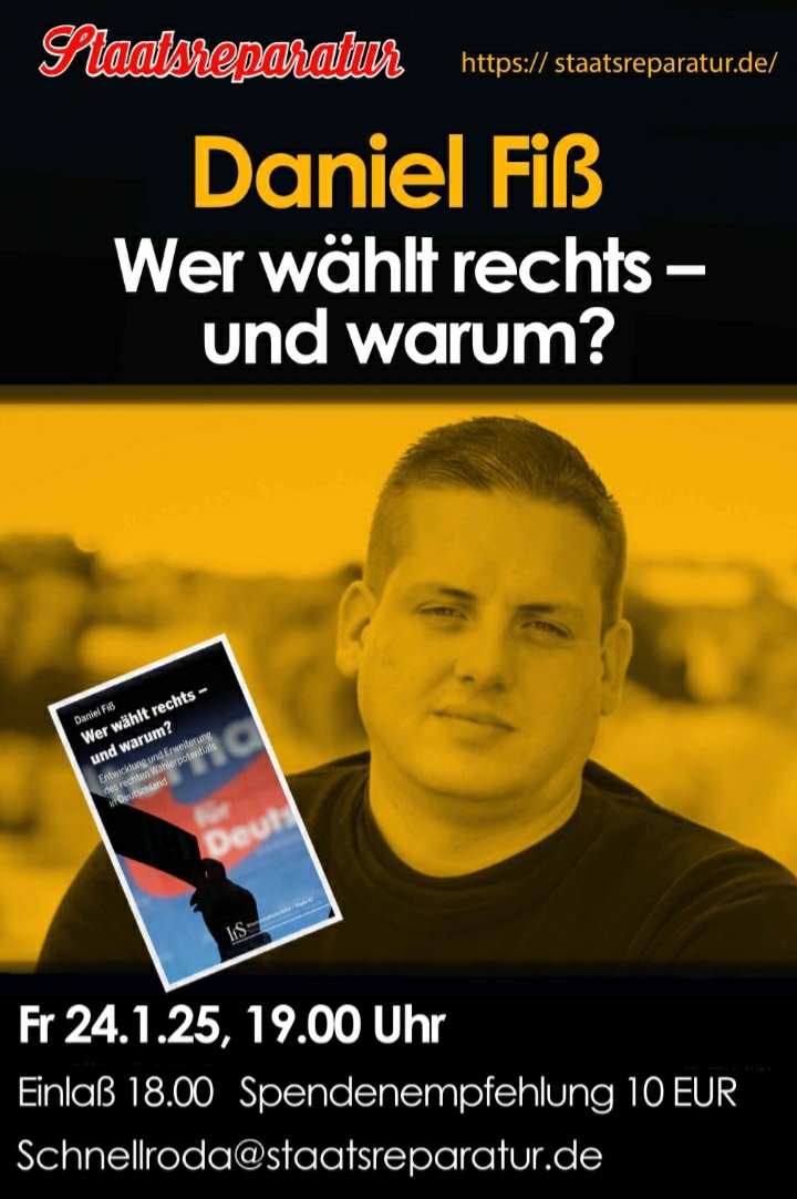 AndreasWildAfD's tweet photo. Am 24.1. referiert Daniel Fiß in der Staatsreparatur.
Fiß kommentiert auf https://t.co/lsbX95v4pg dt. Wahlergebnisse.
Seine Studie zeigt: Das rechte Wählerpotential umfaßt i. d. östlichen Bundesländern bereits 25-30 % der Wahlberechtigten.
Anmeldung Schnellroda@staatsreparatur.de https://t.co/WzKrJvkcq5