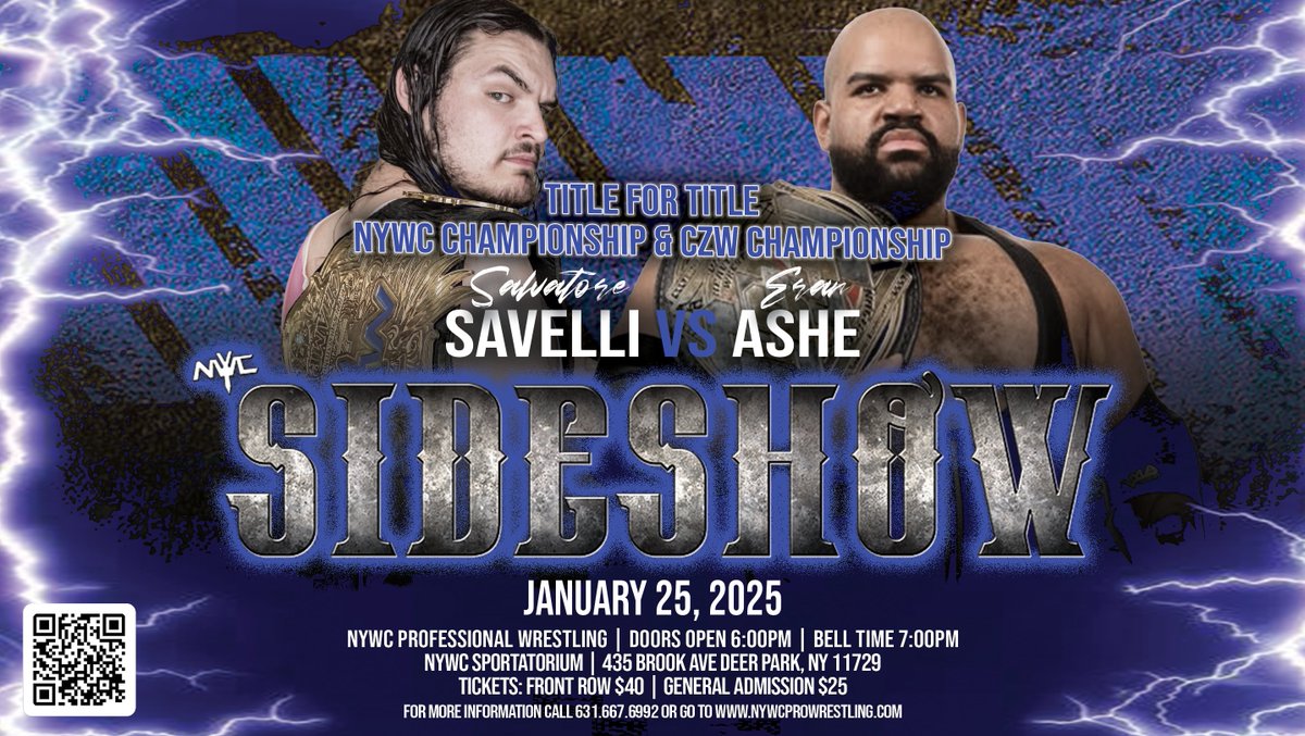 Title for Title! @SalSavellii defends his NYWC Championship against his biggest opponent yet in "The Heavyweight Headhunter" <a href="/EranAshe1/">𝐇𝐄𝐀𝐕𝐘𝐖𝐄𝐈𝐆𝐇𝐓 𝐇𝐄𝐀𝐃𝐇𝐔𝐍𝐓𝐄𝐑</a>. Eran brings his <a href="/combatzone/">CZW: Combat Zone Wrestling</a> Championship to NYWC and both championships will be on the line!

🎟 nywcprowrestling.com
