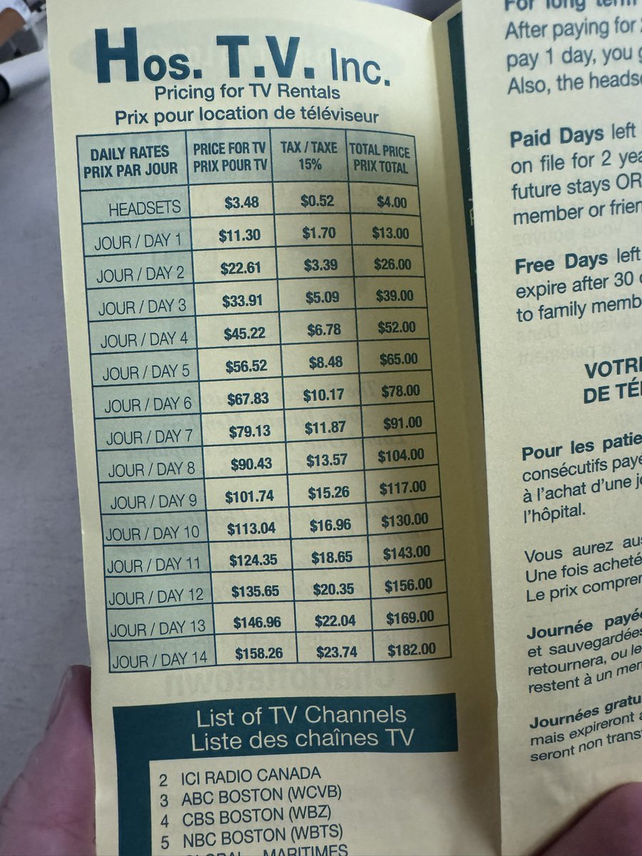 John Morris (@jmweb) on Twitter photo $182 for 14 days of basic television in a hospital.
In #Canada providers must offer a $25 a month option.
Somethings wrong about this monopoly taking advantage of sick people under Health PEI <a href="/GOVPEI/">PEI Goverment</a>. $182 for 14 days of basic television in a hospital.
In #Canada providers must offer a $25 a month option.
Somethings wrong about this monopoly taking advantage of sick people under Health PEI <a href="/GOVPEI/">PEI Goverment</a>.