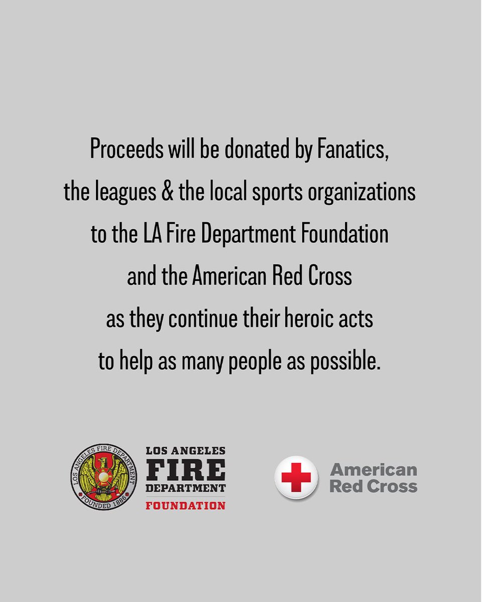 Fanatics's tweet image. Our hearts are with everyone in Los Angeles. And we’re looking to do whatever we can to help. So we’ve teamed up with the our league partners and the LA sporting world to support those impacted by the tragic wildfires. 
 
Fanatics, Leagues, and the participating sports…