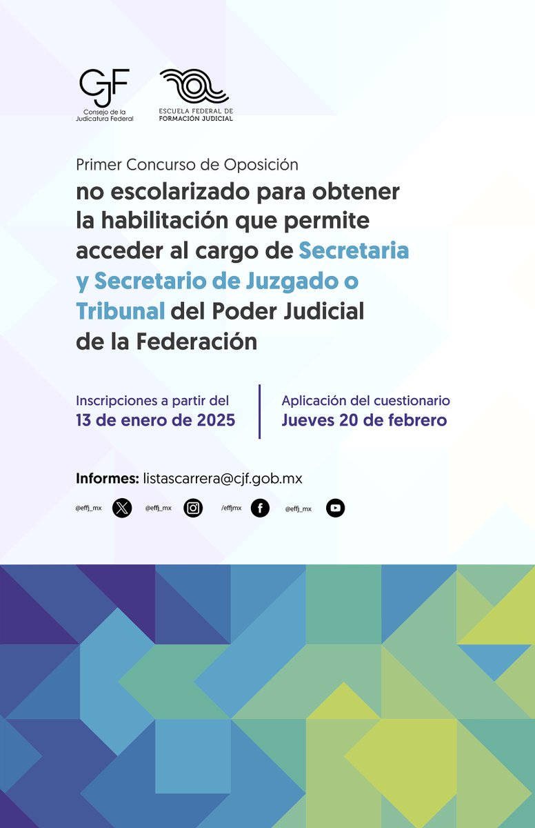 Primer Concurso de Oposición no escolarizado para obtener la habilitación que permite acceder al cargo de Secretaria y Secretario de Juzgado o Tribunal del PJF

Convocatoria: cutt.ly/pe0FHIHi

Temario: cutt.ly/Ue0F0Snv

Inscripciones en: escuelajudicial.cjf.gob.mx