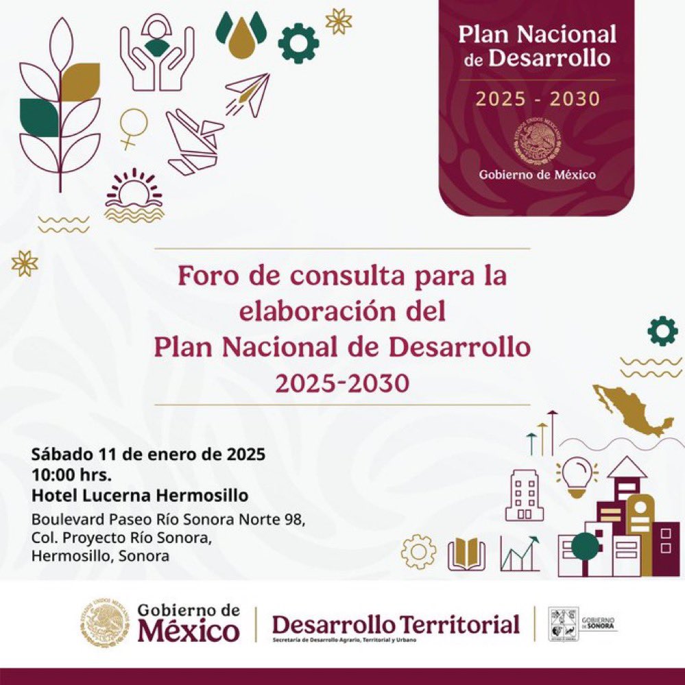 AlfonsoDurazo's tweet photo. Mañana en #Hermosillo se realizará el Foro del #PlanNacionalDeDesarrollo, clave para consolidar el segundo piso de la transformación de la vida pública que encabeza nuestra presidenta @Claudiashein.

Participemos juntas y juntos para avanzar hacia adelante en la construcción de un México justo, igualitario y soberano que todas y todos merecemos.