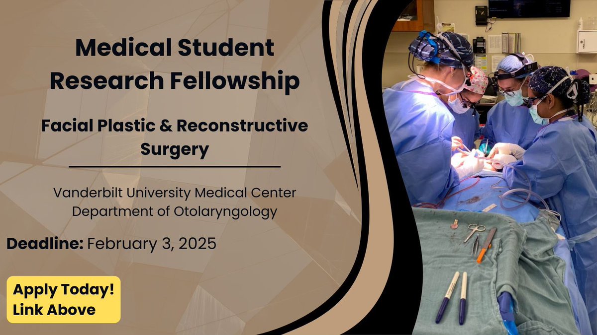 alex_barna97's tweet image. Are you a #medicalstudent thinking of taking a research year?
Are you interested in facial paralysis, rhinoplasty, reconstruction and more?
Check out VanderbiltENT Facial Plastic and Reconstructive Surgery Research Fellowship!
More info: vumc.org/ent/facial-pla…
#MedTwitter