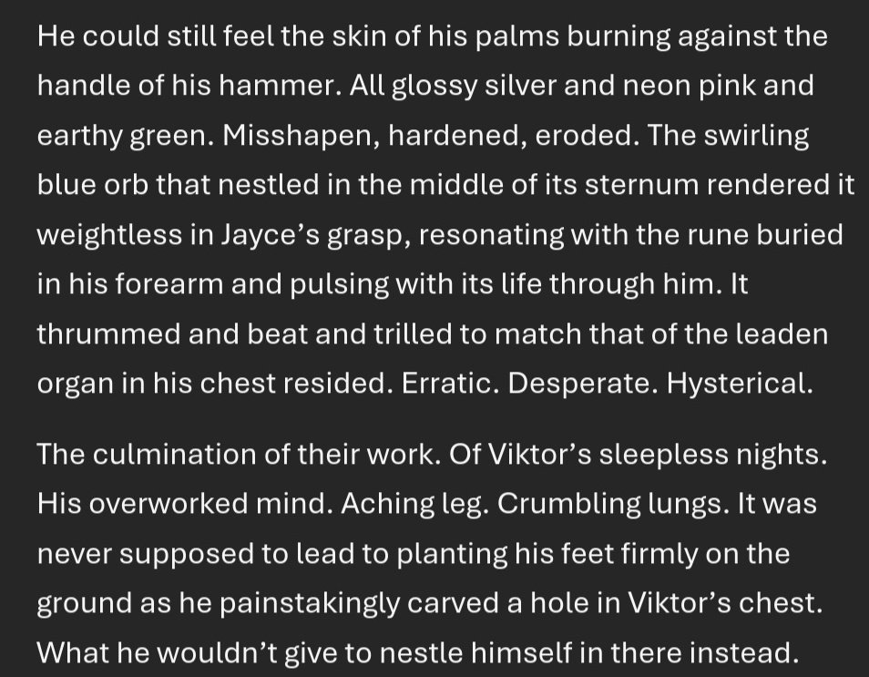 sliceddpeaches's tweet photo. I'm gonna start being BOLD 
Here's a snippet of the introspective jayce fic that's been stuck in my head since arcane finished 
I'm so excited to get this done and it's finally almost there
#jaycetalis #jayvik #arcane https://t.co/5XJ9XEZNMY