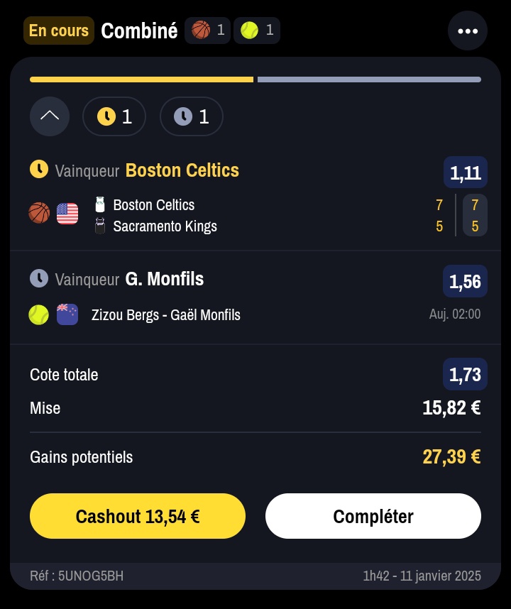 AB_Matador18's tweet photo. Montante étape 2 💸💵 10€->200€ ?? 🚀🚀

Monfils gagne + Celtics gagnent 

🎯 1.73

♥️ Si tu suis

#TeamParieur #NBA #TeamParieurs #tennis https://t.co/8dIL58iRsV