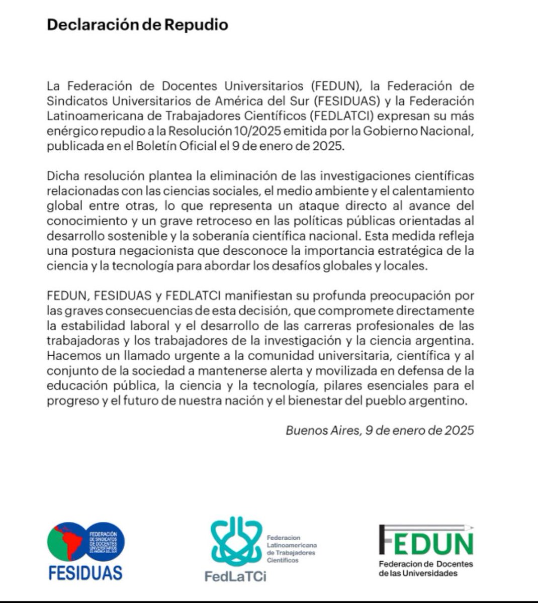 Repudio a la Resolución 10/2025, publicada en el Boletín Oficial que establece la eliminación de las investigaciones científicas relacionadas con las ciencias sociales, el ambiente y el calentamiento.