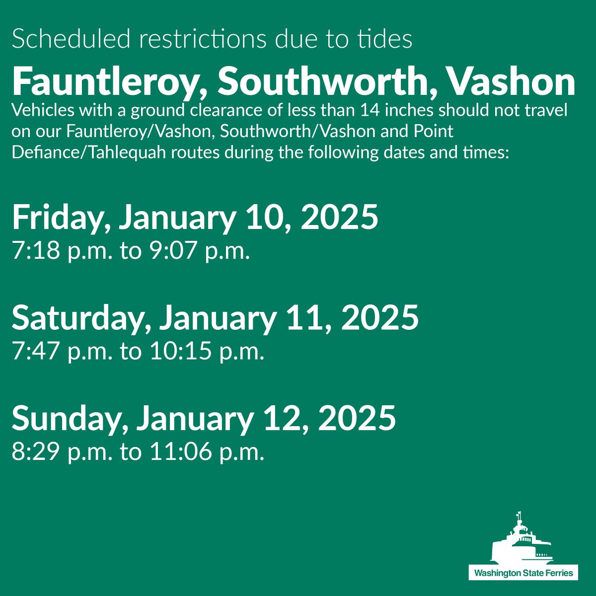 wsferries's tweet photo. Scheduled tide restrictions on our #Fauntleroy/#Vashon, #Southworth/Vashon, and #PointDefiance/#Talequah routes tonight through the weekend. More: https://t.co/pYE2bG3PFs https://t.co/3XAFq3G910