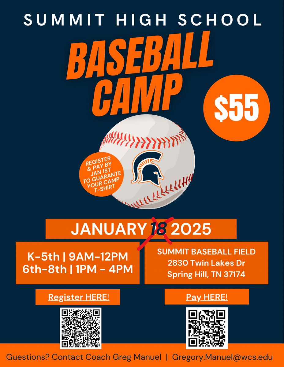 Summit Baseball (@wcsshsbaseball) on Twitter photo 🚨🚨Winter Camp Update🚨🚨. We hope everyone enjoyed the snow day today!!! We have moved the camp from tomorrow, the 11th to next Saturday January 18th due to the weather! Enjoy the snow with your families tomorrow!!!! <a href="/wcsSHS/">Summit High School (TN)</a> <a href="/wcsSHSAthletics/">Summit Spartans Athletics (TN)</a> #olesparty #evertrue 🚨🚨Winter Camp Update🚨🚨. We hope everyone enjoyed the snow day today!!! We have moved the camp from tomorrow, the 11th to next Saturday January 18th due to the weather! Enjoy the snow with your families tomorrow!!!! <a href="/wcsSHS/">Summit High School (TN)</a> <a href="/wcsSHSAthletics/">Summit Spartans Athletics (TN)</a> #olesparty #evertrue
