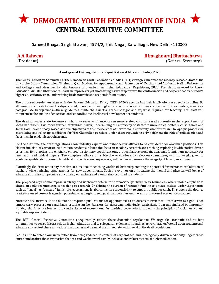 dyficec's tweet image. Reject new UGC guidelines! Stand against attempts to push corporatisation, centralisation and saffronisation in higher education.

#ugcguidelines #rejectUGCGuidelines #SaveEducation