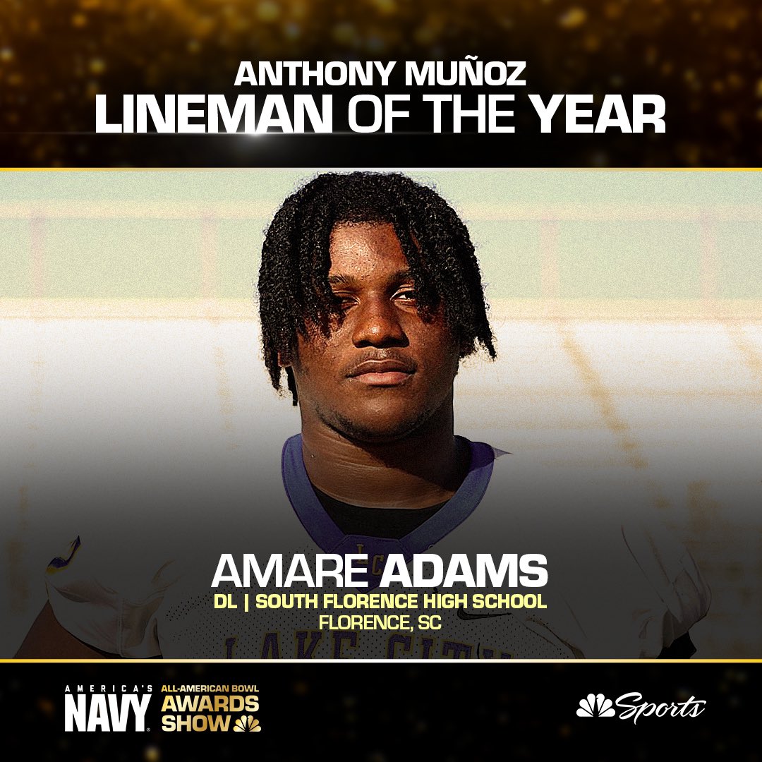 Navy All-American Bowl (@aabonnbc) on Twitter photo Best Lineman in the Nation ❗️❕❗️
Amare Adams (<a href="/AmareAdams7/">Amare Adams</a>) has been named the Anthony Muñoz Lineman of the Year.
#ALLIN
#NavyAAB 🇺🇸 <a href="/AmericasNavy/">America's Navy</a> Best Lineman in the Nation ❗️❕❗️
Amare Adams (<a href="/AmareAdams7/">Amare Adams</a>) has been named the Anthony Muñoz Lineman of the Year.
#ALLIN
#NavyAAB 🇺🇸 <a href="/AmericasNavy/">America's Navy</a>