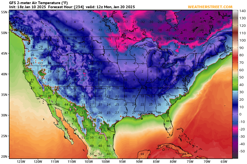 TonyClimate's tweet image. This is the record cold forecast for inauguration morning.  The perfect backdrop for President Trump to end government funding for the global warming scam.