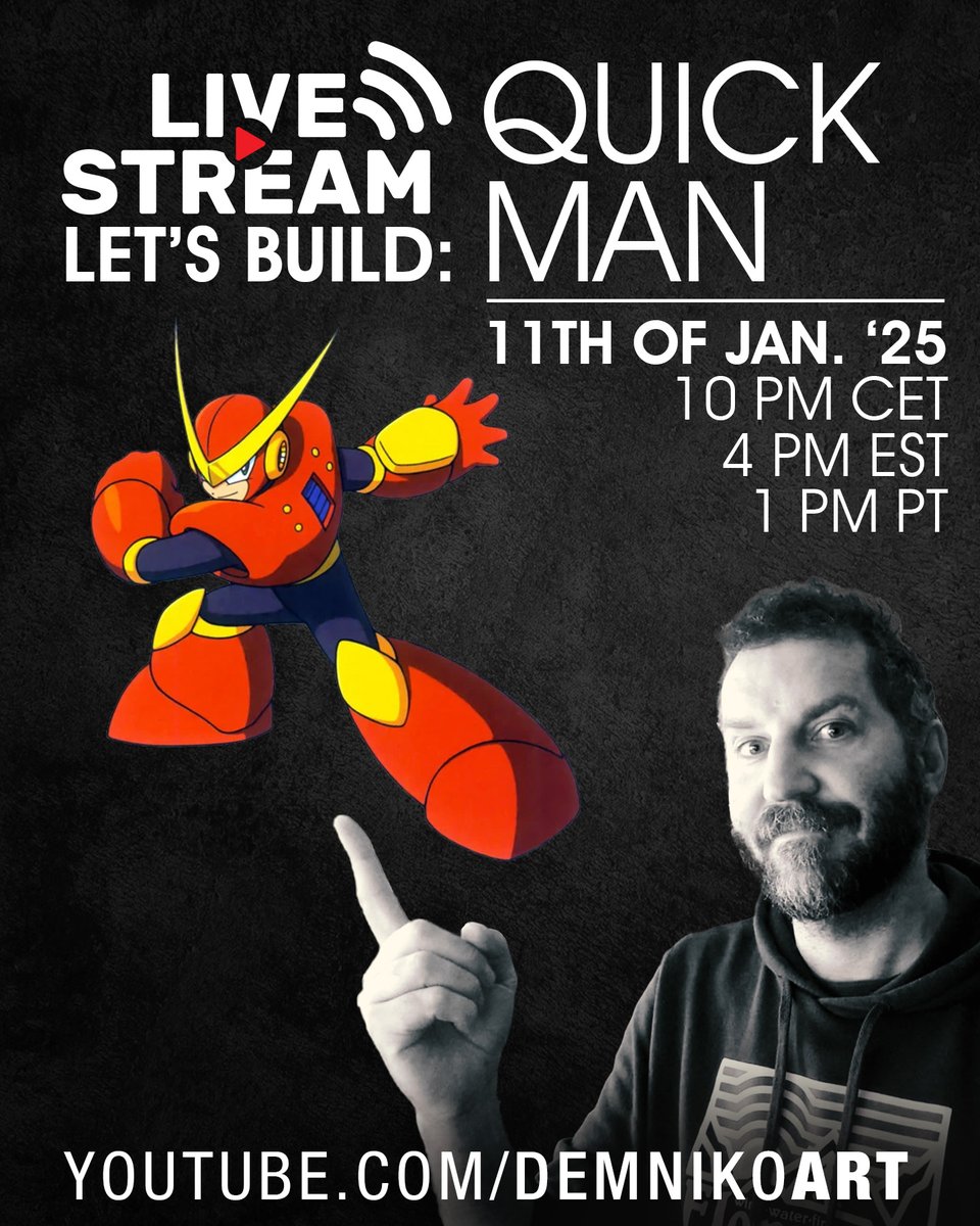 DemNikoArt's tweet image. Tomorrow (Saturday the 11th) at 10 pm CET, I'm doing a public livestream on YouTube where we're gonna build Quick Man, the most recent poll winner 🙌

Would love for you to join me and have a chat 😃

#b3d #megaman #quickman