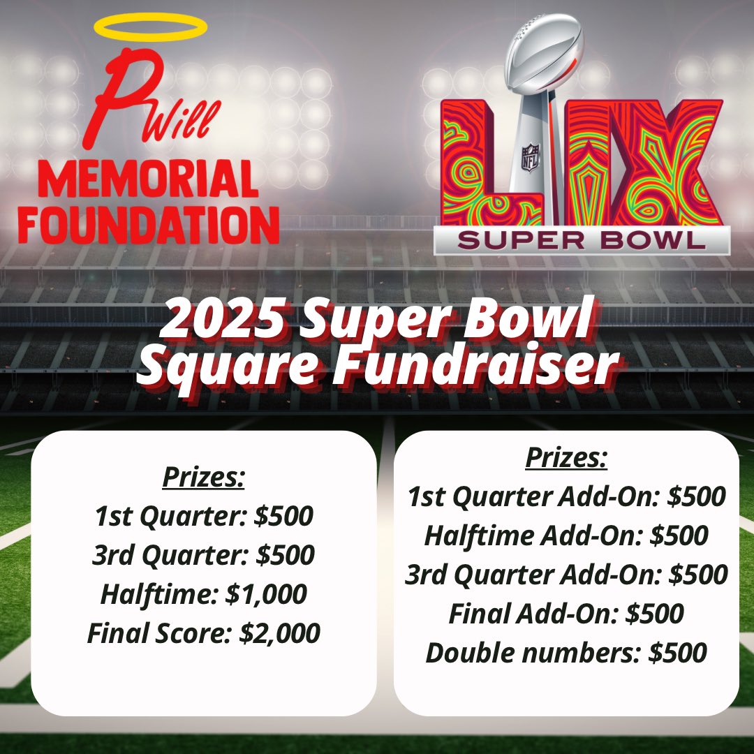 PWillmemorial's tweet photo. Make the Super Bowl even more exciting by supporting the Peyton Willingham Memorial Foundation in our 2025 Super Bowl Fundraiser! Purchase your squares ($100 via Venmo/Zelle) for a chance to win big during the game! Visit the link below for more details!
https://t.co/gNzvRoO6um https://t.co/xCtCdauHXC