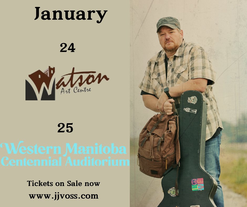 JJ Voss (@jjvoss) on Twitter photo Hey gang! I'm coming out to Manitoba for a couple dates at the end of January. 
 If you're in the area, would love to see you there.  Jan 24th  Watson Art Centre Jan 25th  Brandon Western Manitoba Centennial Auditorium 
 Tickets on sale now at jjvoss.com Hey gang! I'm coming out to Manitoba for a couple dates at the end of January. 
 If you're in the area, would love to see you there.  Jan 24th  Watson Art Centre Jan 25th  Brandon Western Manitoba Centennial Auditorium 
 Tickets on sale now at jjvoss.com