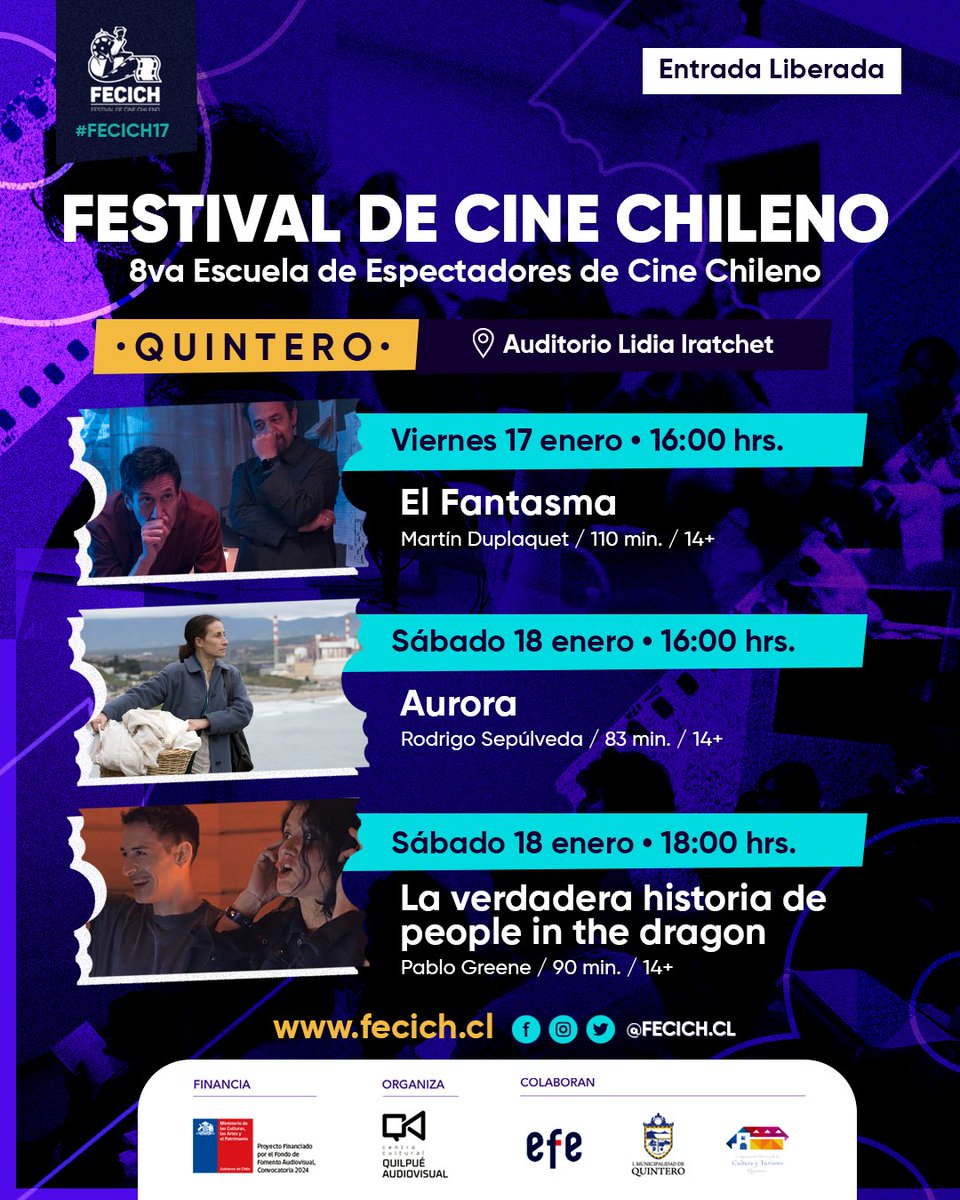 ¡Vuelve a Quintero el Festival de Cine Chileno!

📍 Auditorio Lidia Iratchet, Edificio Dideco.
📆 Viernes 17 y sábado 18 de enero.
🔔 Entrada liberada

Proyecto financiado por el Fondo de Fomento Audiovisual convocatoria 2024 de <a href="/culturasvalpo/">Culturas Valparaíso</a> 

#cinechileno #películas