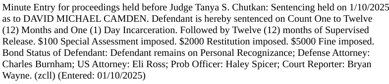 sfoguj's tweet photo. SENTENCING: Judge Chutkan sentenced #LittleManSprayer David Camden to a year and a day, followed by 12 mos SR and a $5K fine.  Govt ask was 27 mos/36 mos. https://t.co/HweswZq95F