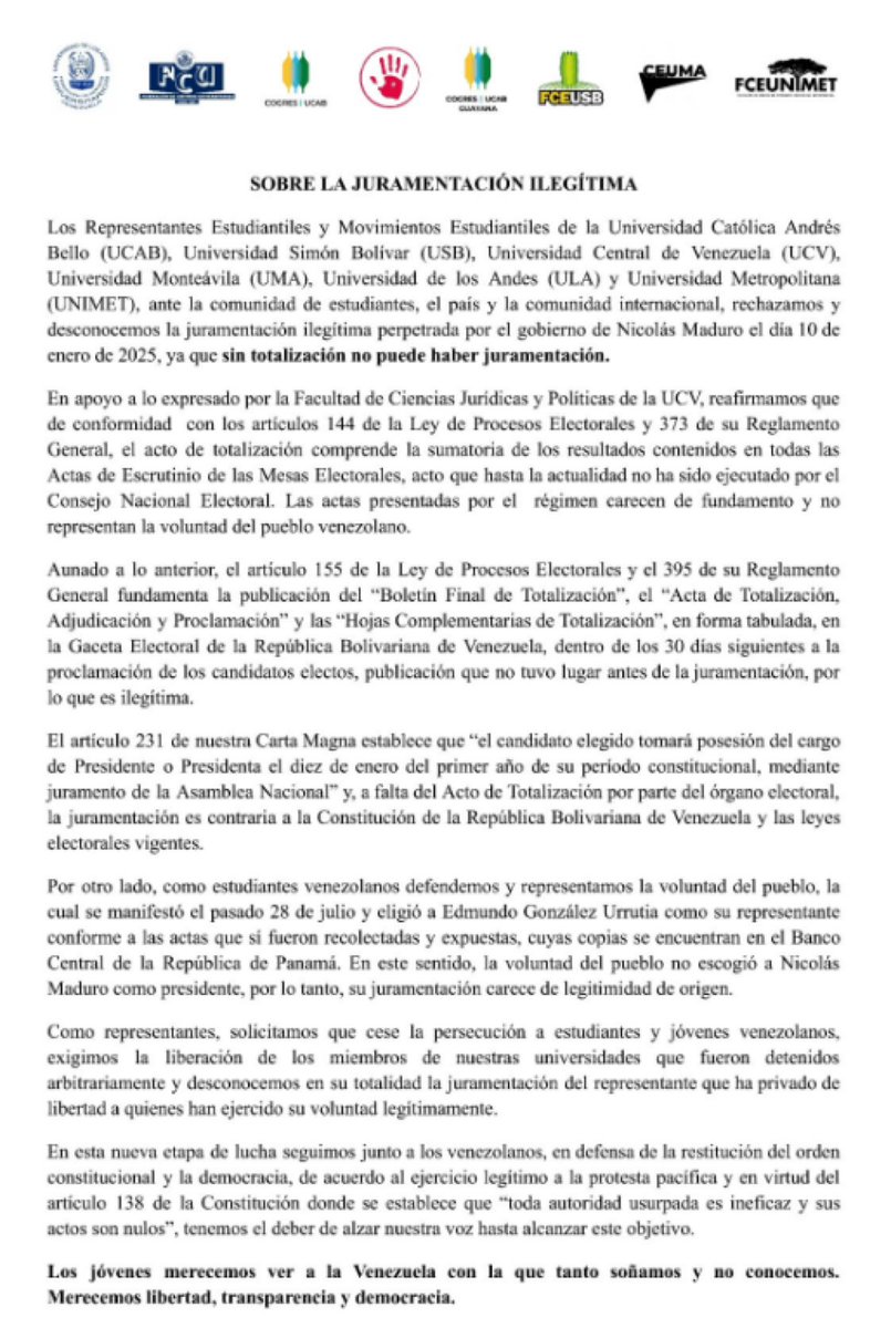 UHN_Plus's tweet photo. 🇻🇪 | LO ÚLTIMO 

Movimientos estudiantiles de la UCAB, USB, UCV, UMA, ULA y Unimet emitieron un comunicado conjunto rechazando la juramentación de Nicolás Maduro, calificándola de “ilegítima”.

“Merecemos una Venezuela libre, transparente y democrática”, afirmaron los jóvenes en un llamado a la resistencia.

#OjosEnVenezuela #EdmundoPresidente