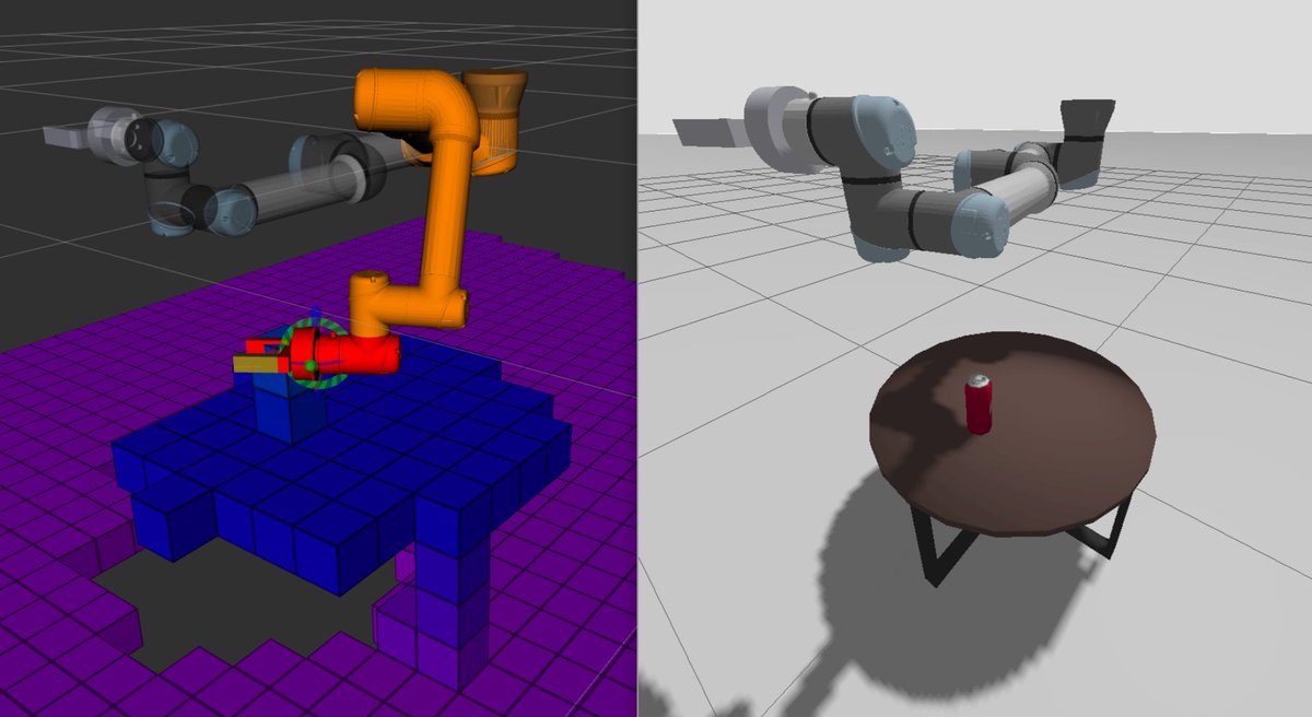 mattadc's tweet image. Day 18 learning robotics and ros. Connected the gazebo depth sensor to the planning environment makes octree of blocks for occupied regions where the sensor detects objects. Collision check between the blocks and the robot arm allows for collision free planning in the real world.