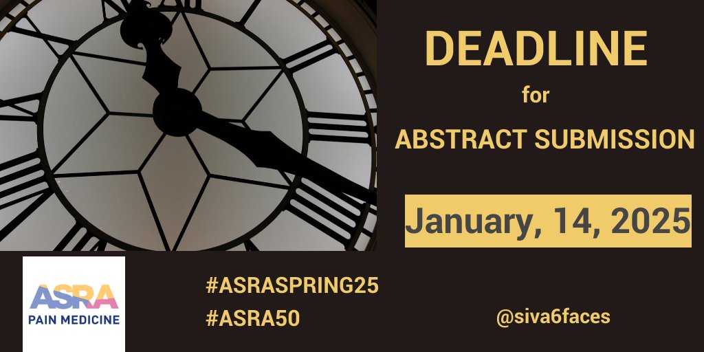 Siva Arumugam, MD, FASA (@siva6faces) on Twitter photo Clock is ticking ⏰
📅 Do NOT miss the deadline
🕙Time to submit abstracts to share your #research <a href="/ASRA_Society/">ASRA Pain Medicine</a> meeting in Orlando #ASRASPRING25
🥂 Come & celebrate #ASRA50
<a href="/Ropivacaine/">Dr. Vishal Uppal MBBS, FRCA 🇨🇦🇮🇳🏴</a> <a href="/KalagaraHari/">🩺 Hari (హరి 🇮🇳) Kalagara</a> @EngySaid_MD <a href="/HoltzMaggie/">Maggie Holtz, MD</a> <a href="/jon_bailey_anes/">Jon Bailey MD MSc FRCPC EDRA 🇨🇦🧗🏄♂️</a> <a href="/nelkassabany/">Nabil Elkassabany MD MBA MSCE</a> <a href="/dr_melissabyrne/">Melissa Byrne DO MPH FASA</a> Clock is ticking ⏰
📅 Do NOT miss the deadline
🕙Time to submit abstracts to share your #research <a href="/ASRA_Society/">ASRA Pain Medicine</a> meeting in Orlando #ASRASPRING25
🥂 Come & celebrate #ASRA50
<a href="/Ropivacaine/">Dr. Vishal Uppal MBBS, FRCA 🇨🇦🇮🇳🏴</a> <a href="/KalagaraHari/">🩺 Hari (హరి 🇮🇳) Kalagara</a> @EngySaid_MD <a href="/HoltzMaggie/">Maggie Holtz, MD</a> <a href="/jon_bailey_anes/">Jon Bailey MD MSc FRCPC EDRA 🇨🇦🧗🏄♂️</a> <a href="/nelkassabany/">Nabil Elkassabany MD MBA MSCE</a> <a href="/dr_melissabyrne/">Melissa Byrne DO MPH FASA</a>