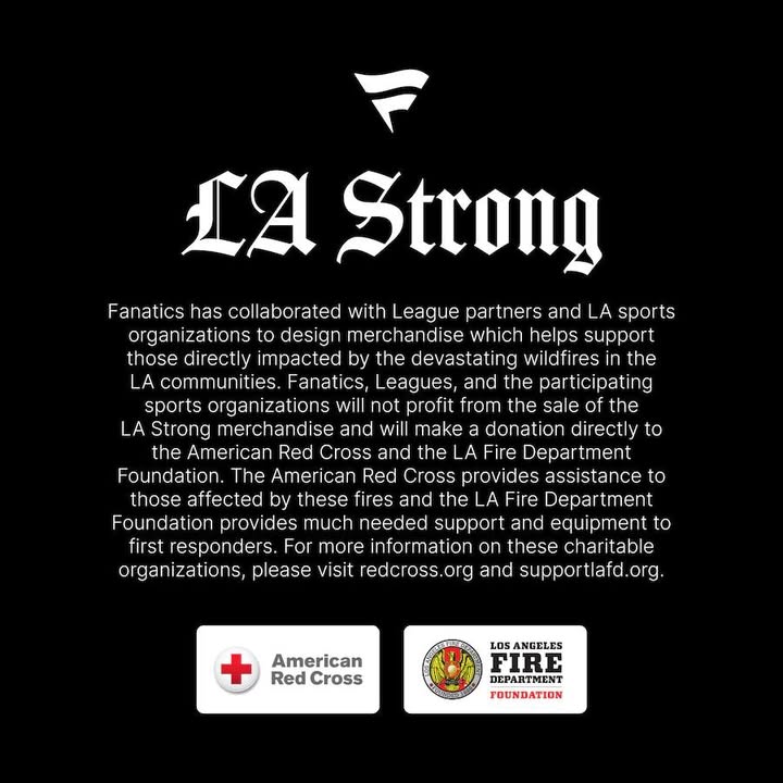 WeAreLAGC's tweet image. #LAStrong 🖤

LAGC has teamed up with @Fanatics and the LA sports community to support those impacted by the tragic wildfires.

Fanatics, Leagues, and the participating sports organizations will not profit from the sale of the LA Strong merchandise and will make a donation…