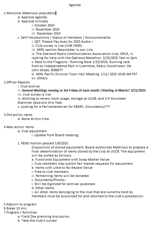 Next EBARC General Meeting: Friday, Jan 10th.
Time: 7:00 pm

Location (in-Person): Unitarian Universalist Church of Berkeley, Safir Room - 1 Lawson Rd., Kensington, CA

Hams and guests invited to attend.   Members: check email for current Zoom info.

73