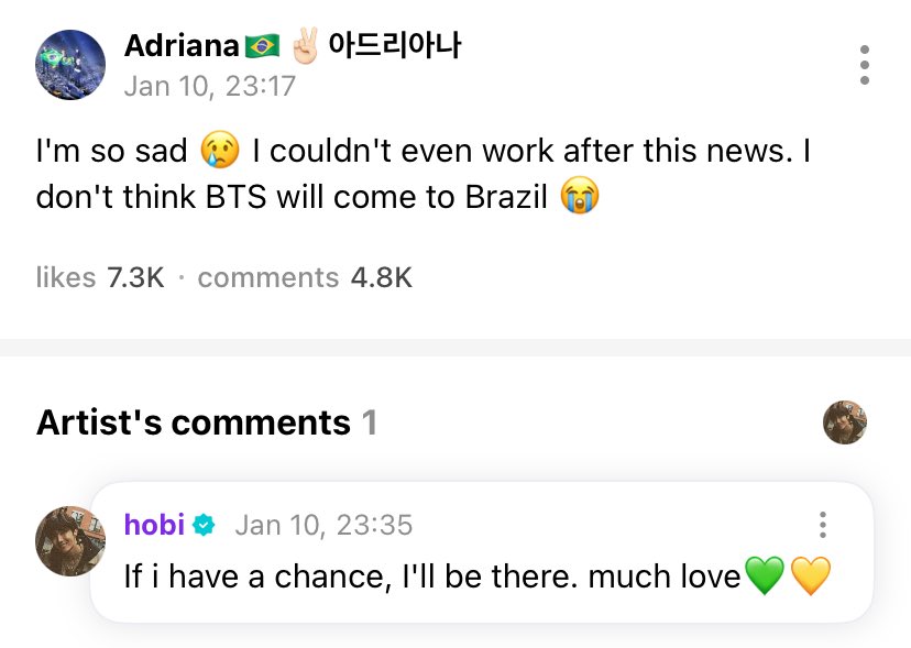 [WEVERSE] Hobi 🐿️

💜: Estou tão triste 😢 Não pude nem trabalhar depois de receber a notícia. Eu não acho que o BTS virá para o Brasil 😭

🐿️: Se eu tiver uma chance, estarei lá. Muito amor 💚💛

🐯 <a href="/BTS_twt/">방탄소년단</a>