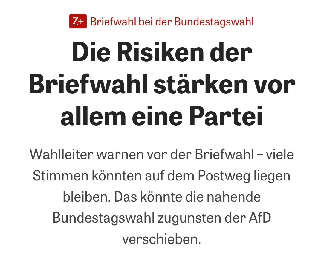 Bitte nicht per #Briefwahl wählen.
Dafür ist die Zeit zu knapp.

Ein sehr früher Wahltermin (weil die #CDU/#CSU drauf bestand), gepaart mit einem späten Druck der Wahlunterlagen (weil u.a. die #CDU erst sehr spät ihre Kandidaten aufstellt) sorgen dafür, dass nur ca. 2 Wochen Zeit