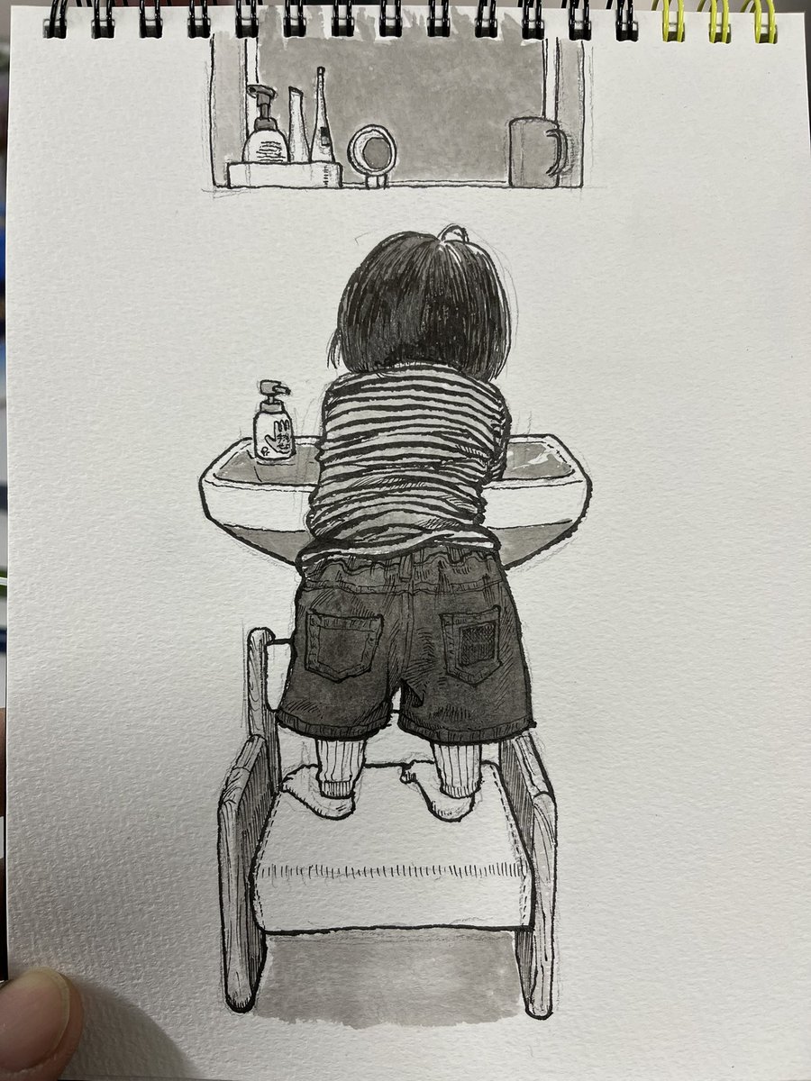 #ペン画　#イラスト　#育児
手洗いし続ける我が子。
かれこれ３０分経過。