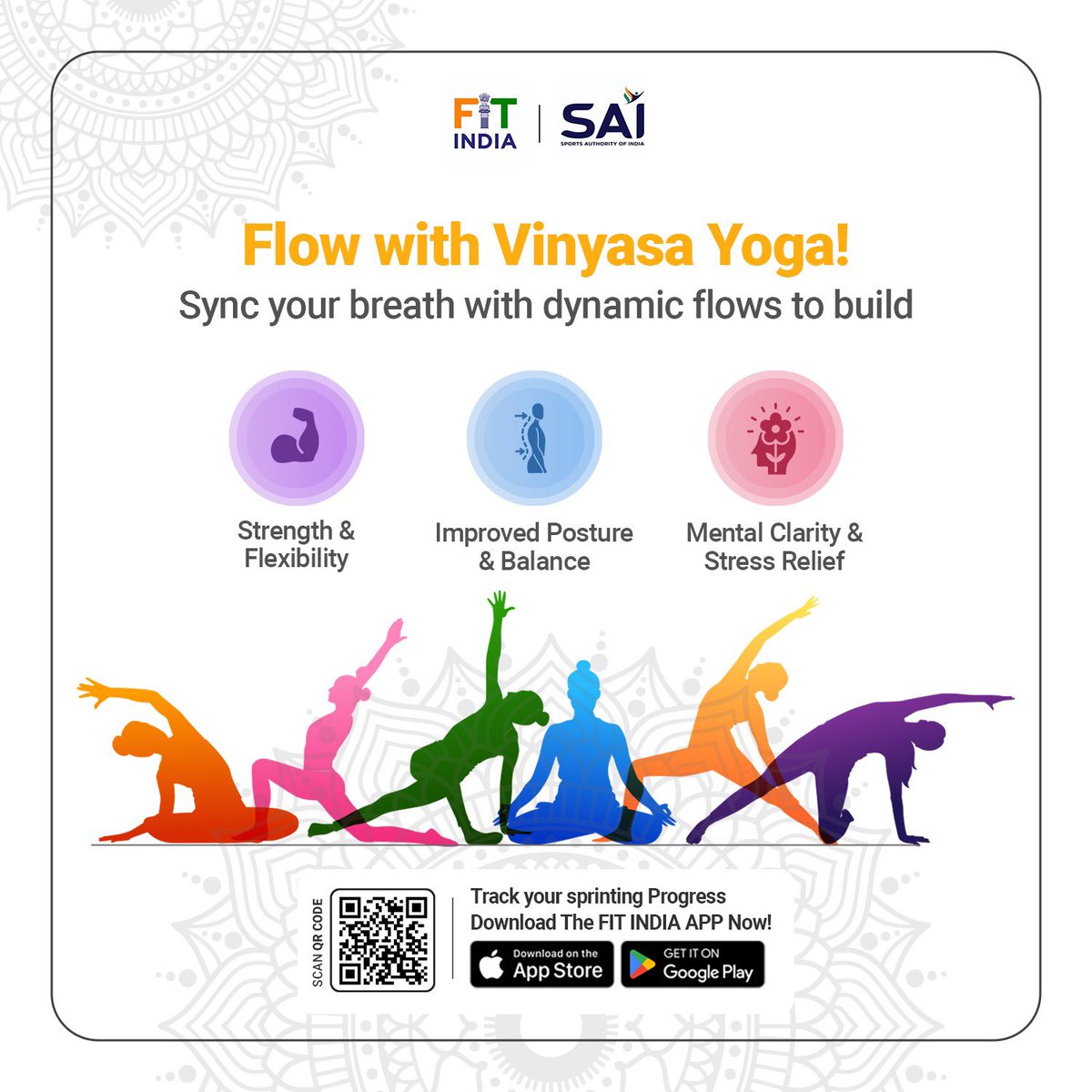 FitIndiaOff's tweet image. Flow into wellness with Vinyasa Yoga! Build strength, clarity &amp;amp; balance. 

Download the FIT India Mobile Application &amp;amp; master the art of mindful movement! 

#VinyasaFlow #Yoga  #WellnessJourney #FITIndia #FIMA