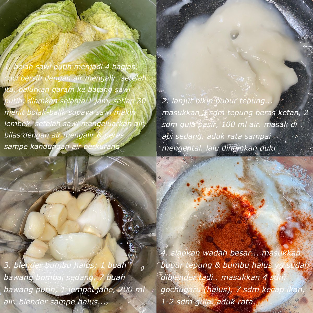 wnisekai's tweet photo. 1 sawi putih ukuran besar
garam untuk melumuri sawi
2 batang bawang prei
10-15 helai daun bawang 
4 sdm gochugaru (halus)
7 sdm kecap ikan
1-2 sdm gula
— bahan bubur tepung;
3 sdm tepung beras ketan
2 sdm gula pasir
100 ml
— bahan bumbu halus;
1 buah bawang bombai sedang
7 buah bawang putih
1 jempol jahe
200 ml air

1. belah sawi putih menjadi 4 bagian, cuci bersih dengan air mengalir. setelah itu, balurkan garam ke batang sawi putih. diamkan selama 1 jam, setiap 30 menit bolak-balik supaya sawi makin lembek. setelah sawi mengeluarkan air, bilas dengan air mengalir & peras sampe kandungan air berkurang 
2. lanjut bikin bubur tepung... masukkan 3 sdm tepung beras ketan, 2 sdm gula pasir, 100 ml air. masak di api sedang, aduk rata sampai mengental. lalu dinginkan dulu 
3. blender bumbu halus; 1 buah bawang bombai sedang, 7 buah bawang putih, 1 jempol jahe, 200 ml air. blender sampe halus.
4. siapkan wadah besar... masukkan bubur tepung & bumbu halus yg sudah diblender tadi.. masukkan 4 sdm gochugaru (halus), 7 sdm kecap ikan, 1-2 sdm gula. aduk rata. JANGAN LUPA CEK RASA
5. masukkan potongan daun bawang & irisan bawang prei ke bumbu kimchi. aduk lagi sampai merata 
6. masukkan sawi putih yg sudah diperas tadi... lumuri 1 per 1 sawi putih sampai bercampur dengan bumbu kimchi 
7. pindahkan ke wadah plastik. tutup rapat. fermentasi selama 1 hari di suhu ruang, setelah difermentasi baru deh bisa masuk ke kulkas