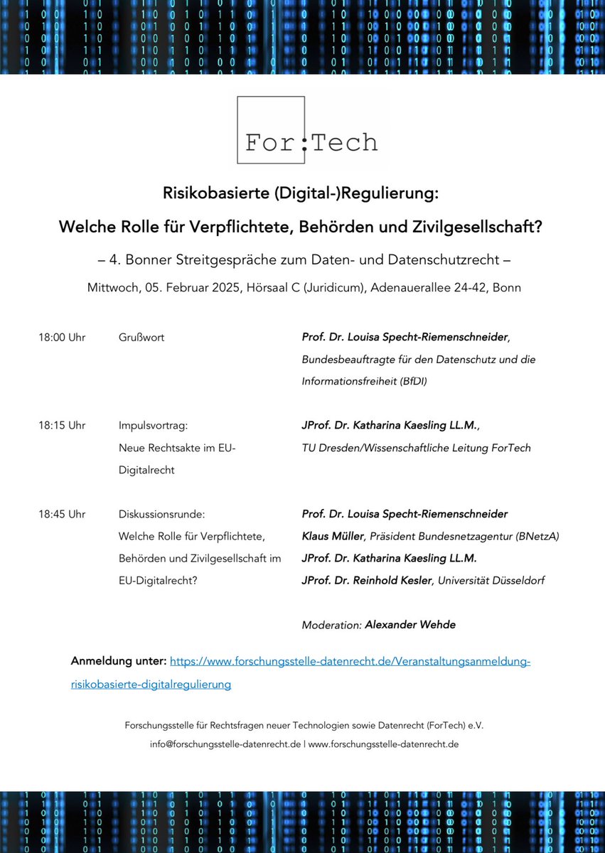 Am 5. Februar 2025 (18 Uhr) veranstaltet <a href="/ForTecheV/">Forschungsstelle Datenrecht</a> eine Abendveranstaltung unter dem Titel: Risikobasierte (Digital-)Regulierung:
Welche Rolle für Verpflichtete, Behörden und Zivilgesellschaft? Mit dabei ua Louisa Specht-Riemenschneider, Klaus Müller <a href="/bnetza/">Bundesnetzagentur</a> und <a href="/reinholdkesler/">Reinhold Kesler</a>.