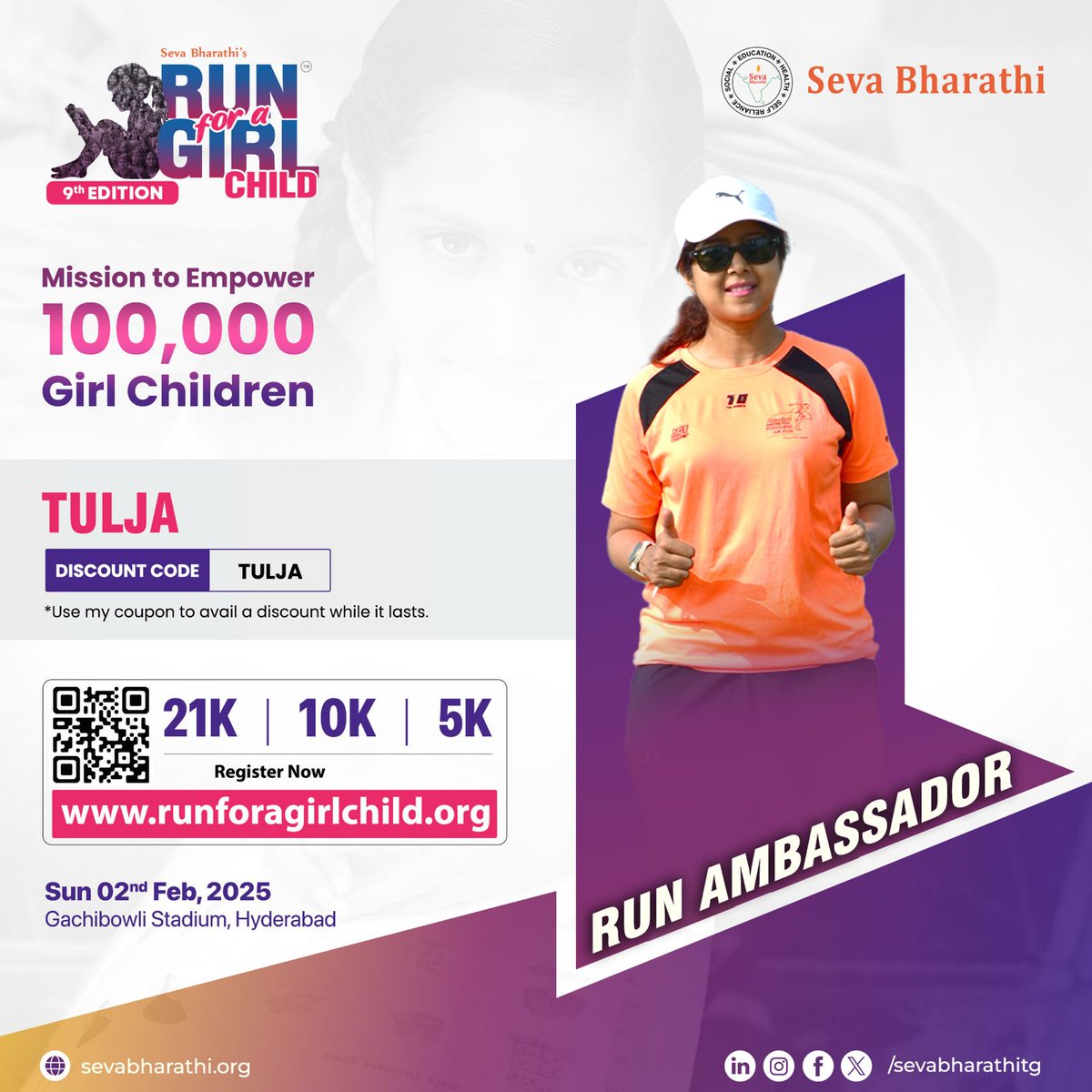 sevabharathitg's tweet photo. #RunningtoInspire,#RunningtoEmpower
#Tulja,proud #RunForAGirlChild #Ambassador is leading the mission to empower 100000 #GirlChildren by 2030.

👉https://t.co/NReUqj5pr3

Use #DiscountCode TULJA to avail discount

#RFGC #EmpowerWithTulja #100KGirlStronger #SevaBharathi #Hyderabad https://t.co/b5gNlQ7p7b