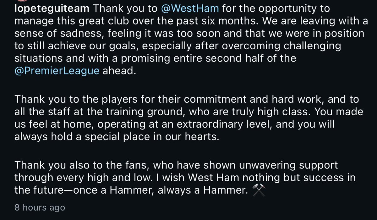 Julen Lopetegui has shown more class and dignity in a single Instagram post than DS could only dream of showing in a million lifetimes. 

To say “once a Hammers, always a Hammer” after the way he’s just been treated is nothing short of incredible. 

Good luck to him. 👏🏻⚒️