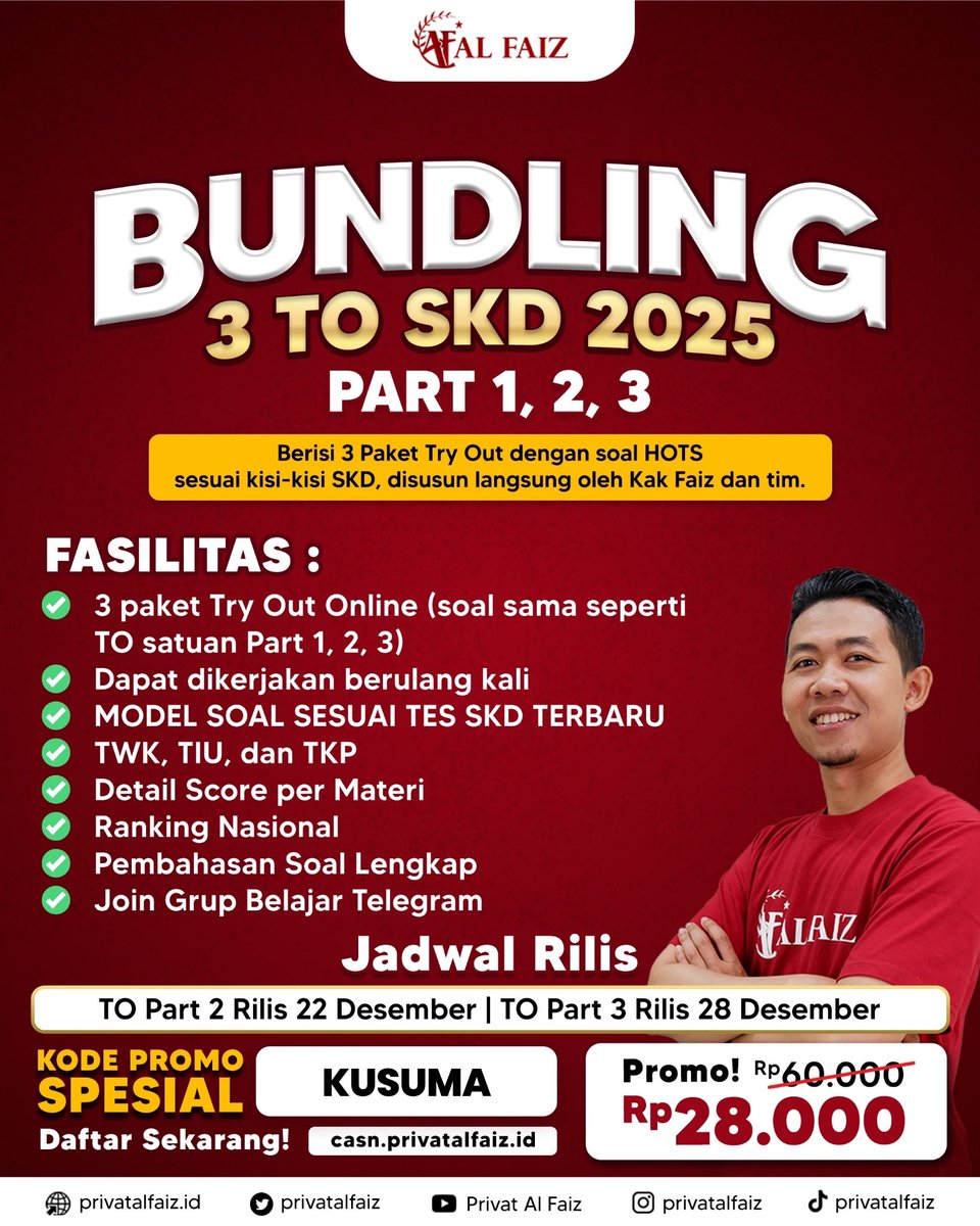 kusumavibes's tweet photo. 🔥 Siap Lolos SKD 2025? 🔥
BUNDLING 3 TO SKD 2025 PART 1, 2, 3 cuma Rp28.000

✅ 3 Paket Try Out Online
✅ Score detail per materi + ranking nasional
✅ Pembahasan &amp; grup Telegram

Gunakan KODE PROMO: KUSUMA
Daftar sekarang: https://t.co/cTEEglUJE4

#TryOutSKD #SKD2025 #CPNS2025 https://t.co/VkvXvKFMXM