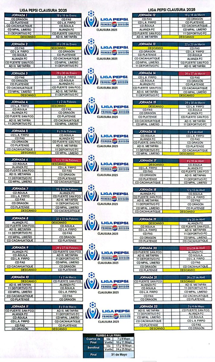 Calendario del Clausura 2025, LMF.
Torneo inicia 18 de Enero