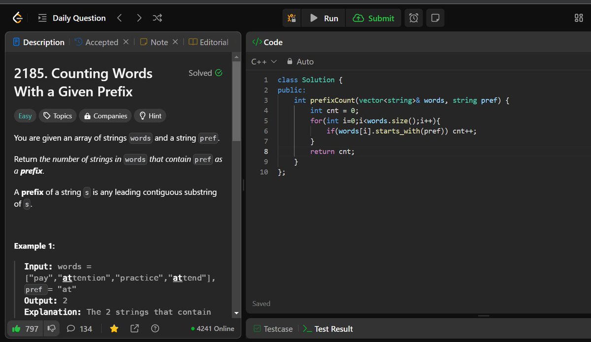 🚀 #LeetCode POTD (Day 66) ✅

Counting Words With a Given Prefix

💡 Approach (String Matching)

1️⃣ Loop through the words, check if each starts with the prefix using starts_with().

2️⃣ Increment a counter for each match and return the total.