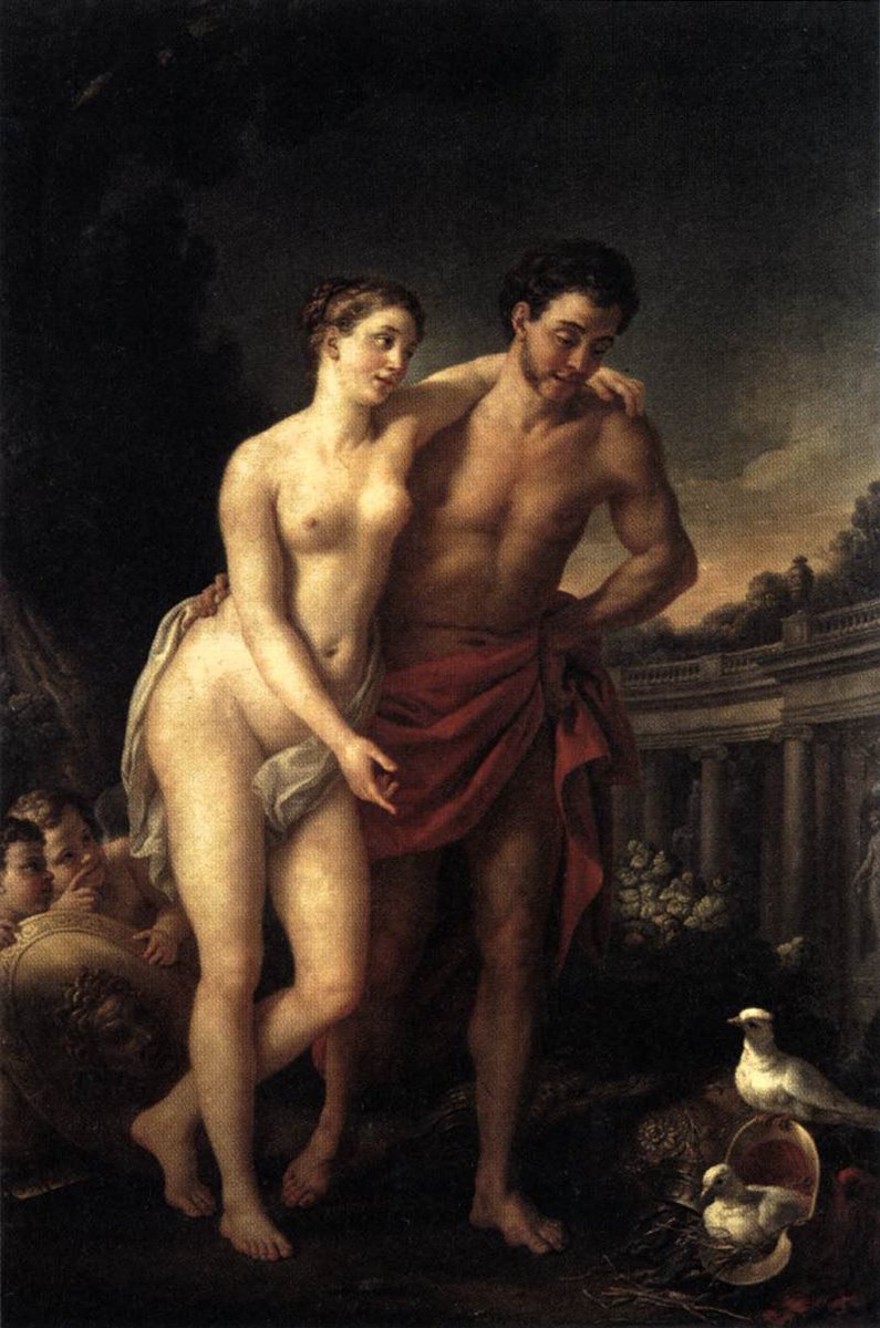 hiereiaa's tweet image. Aphrodite showing Ares her doves, which made a nest in his helmet.
Painting by Joseph Marie Vien