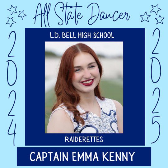 Help us congratulate our Captain, Emma Kenny, on being this year’s All State Dancer. She will represent L.D. Bell and HEB ISD this week in Houston at the TDEA convention. 🩵🪩