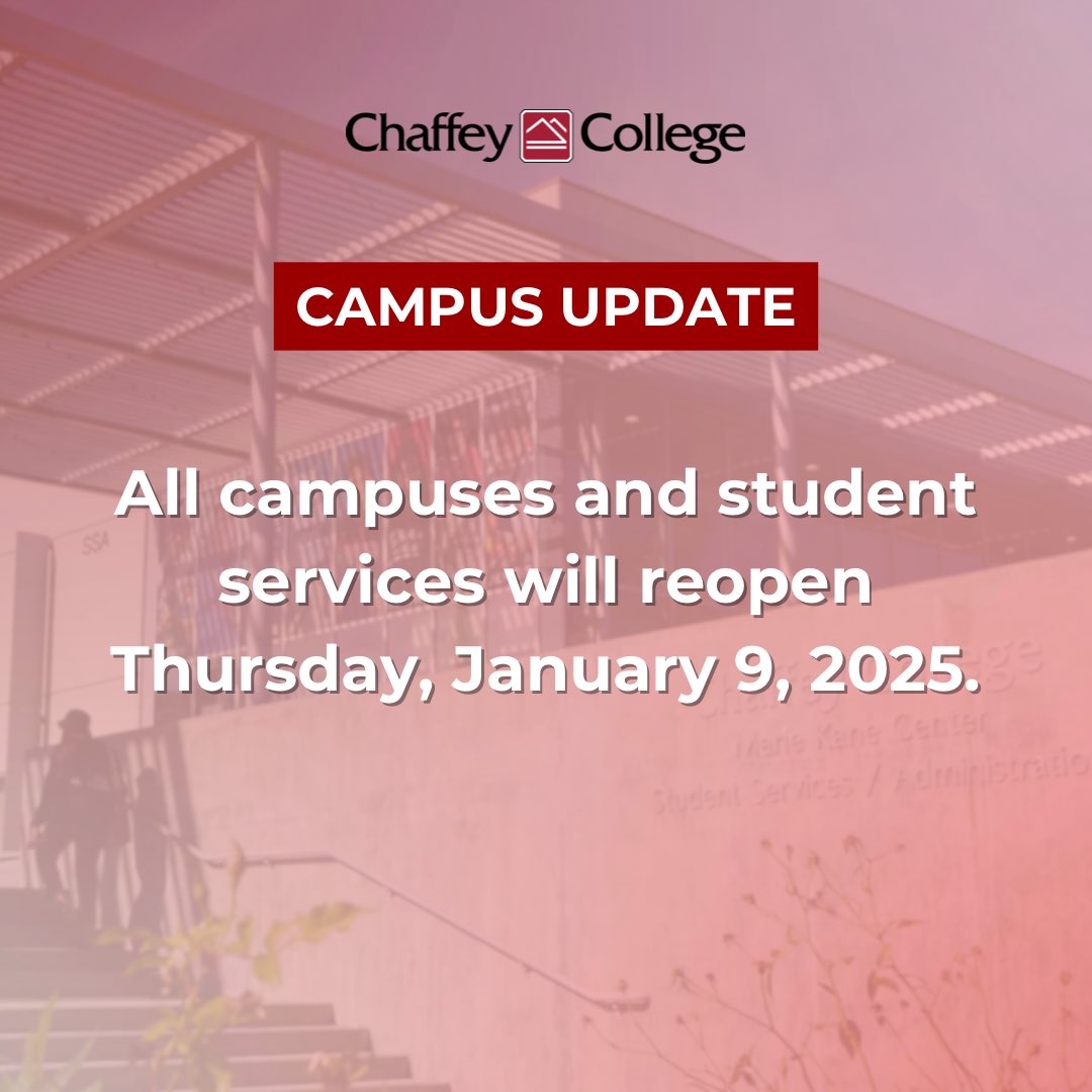 chaffeycollege's tweet image. CAMPUS UPDATE: We will be returning to normal schedules tomorrow (1/9/25). 

Read more: chaffey.edu/news/2024-2025…