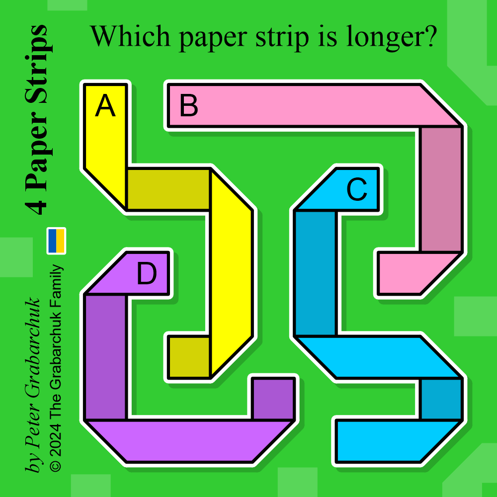 PuzzleMove's tweet photo. 4 Paper Strips (by Peter Grabarchuk). Which paper strip is longer?
#4PaperStrips #Grabarchuk #puzzle #paperstrips #foldstrips #foldpuzzle #letterpuzzle #brainteaser #solve #challenge #think #SupportUkraine πΊπ¦ https://t.co/tOBF7sCV3t