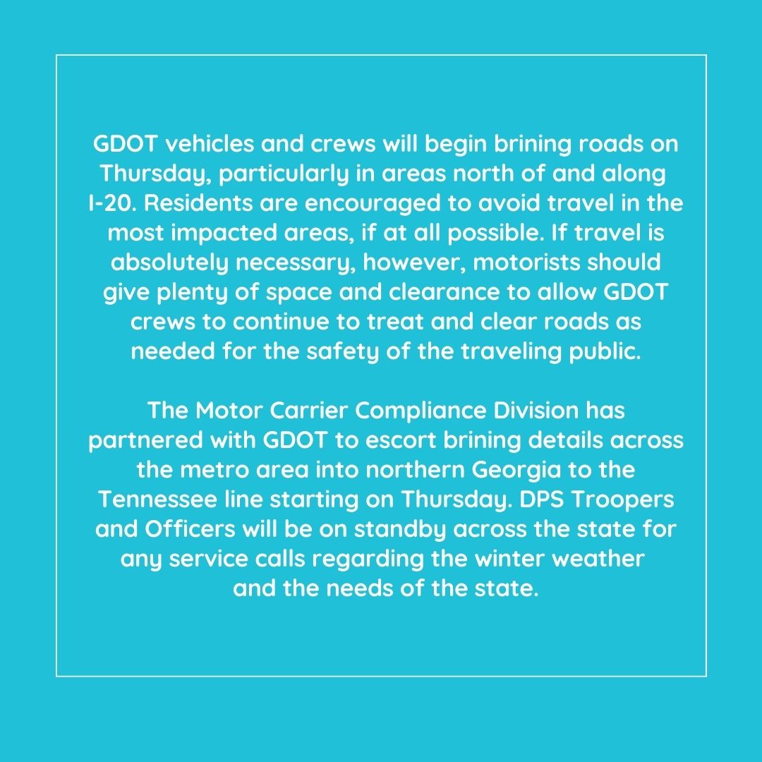 Georgia governor Kemp put out a press release with information on the winter storm and best practices for Georgians, we encourage you to read the information and make sure that you are safe out there! Read more here: bit.ly/407FSA4
